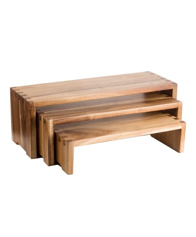 Set de 3 elevadores de acacia en cascada - Peq. 44 x 18 x 11,5 cm / Med. 48,5 x 18 x 15,5 cm / Gra. 56 x 18 x 18 cm