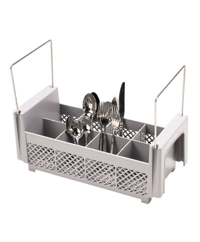 Cambro - 8FB434-151 / Canastilla de lavado de medio tamaño (50 x 25 cm) con 8 comp. y asas para cubiertos - (alt. 18,4 cm)