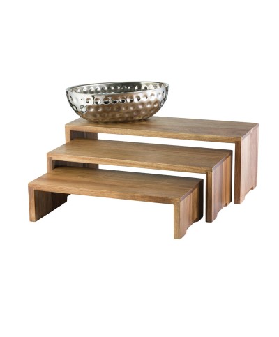 Set de 3 elevadores de acacia en cascada - Peq. 44 x 18 x 11,5 cm / Med. 48,5 x 18 x 15,5 cm / Gra. 56 x 18 x 18 cm
