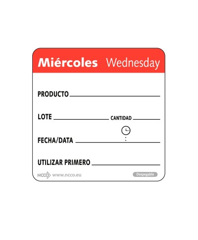 NCCO - SRIDU2203 / Rollo de 500 etiquetas despegables - MIÉRCOLES de (5 x 5 cm)