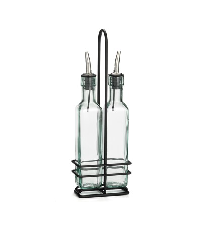Tablecraft - Juego de 3 piezas. Soporte con revestimiento de polvo negro. 2 botellas 9085 con vertedor. 11 x 6 x 32 cm - 250 ml