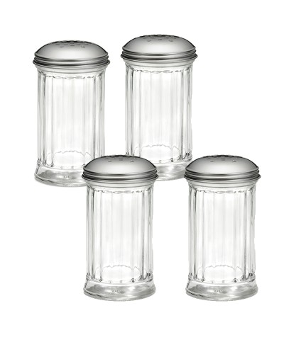 Tablecraft - Salero y pimentero de vidrio estriado con tapa de acero inoxidable perforada. Pack de 4. 7,5 x 7,5 x 14 cm - 355 ml
