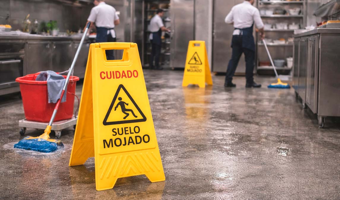 Señal de peligro para suelo mojado y prevención de caídas