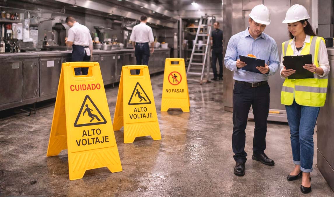 Señal de peligro y cumplimiento de normativas de seguridad laboral